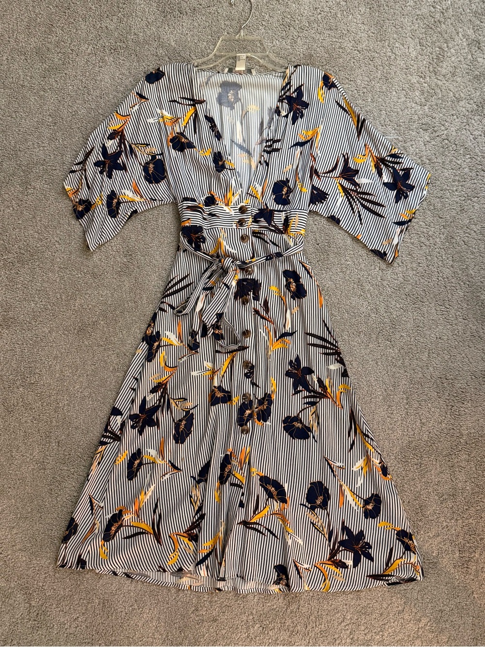 Striped Floral button up V-neck dress in Navy & Yellow